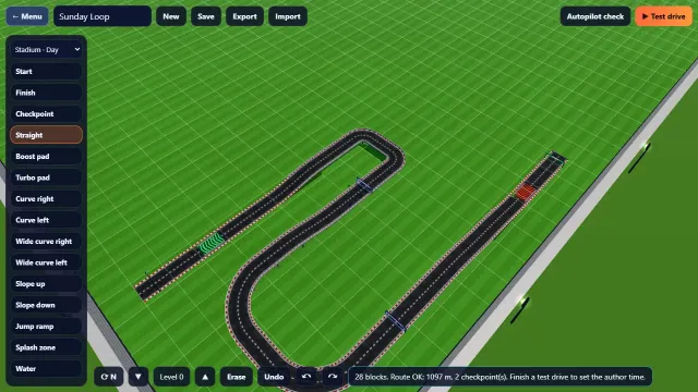 The track editor: a block palette on the left and a 28-block track with a raised section on the grid