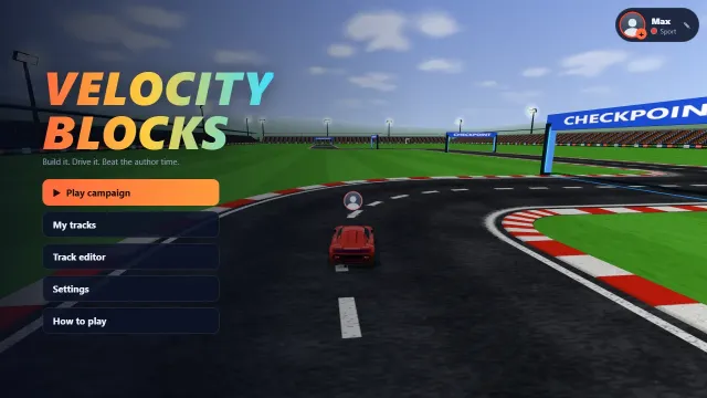 The home screen: the Velocity Blocks logo and menu over a stadium track, with the driver card in the corner