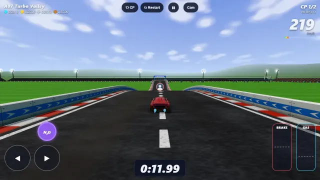 A red sports car on A07 Turbo Valley at 219 km/h, with the race timer, checkpoint counter and touch controls on screen