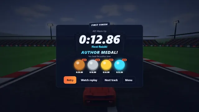 Results card for A01 Warm-Up: 0:12.86, first finish, Author medal, with Bronze, Silver, Gold and Author medals all new